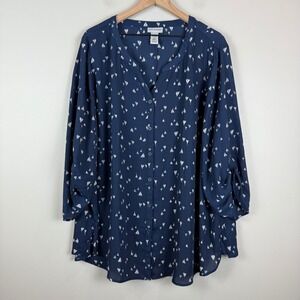 Catherine Top Women's 3X Blue White Sailboat Print Roll-Tab Sleeve Preppy Retro